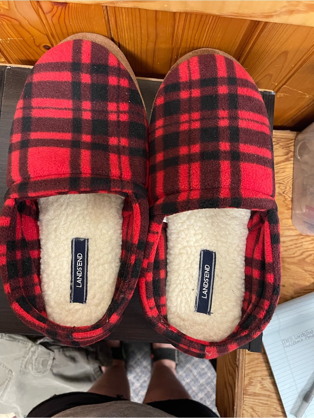 Men’s Lands' End  Red and Black Plaid Slip-On Sherpa Slippers